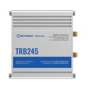 Teltonika TRB245 Industrial M2M LTE Gateway with rugged aluminum housing, DIN rail mounting, 2 SIM